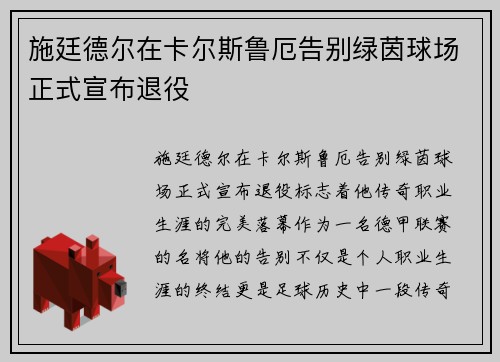 施廷德尔在卡尔斯鲁厄告别绿茵球场正式宣布退役 施廷德尔在卡尔斯鲁厄告别绿茵球场正式宣布退役